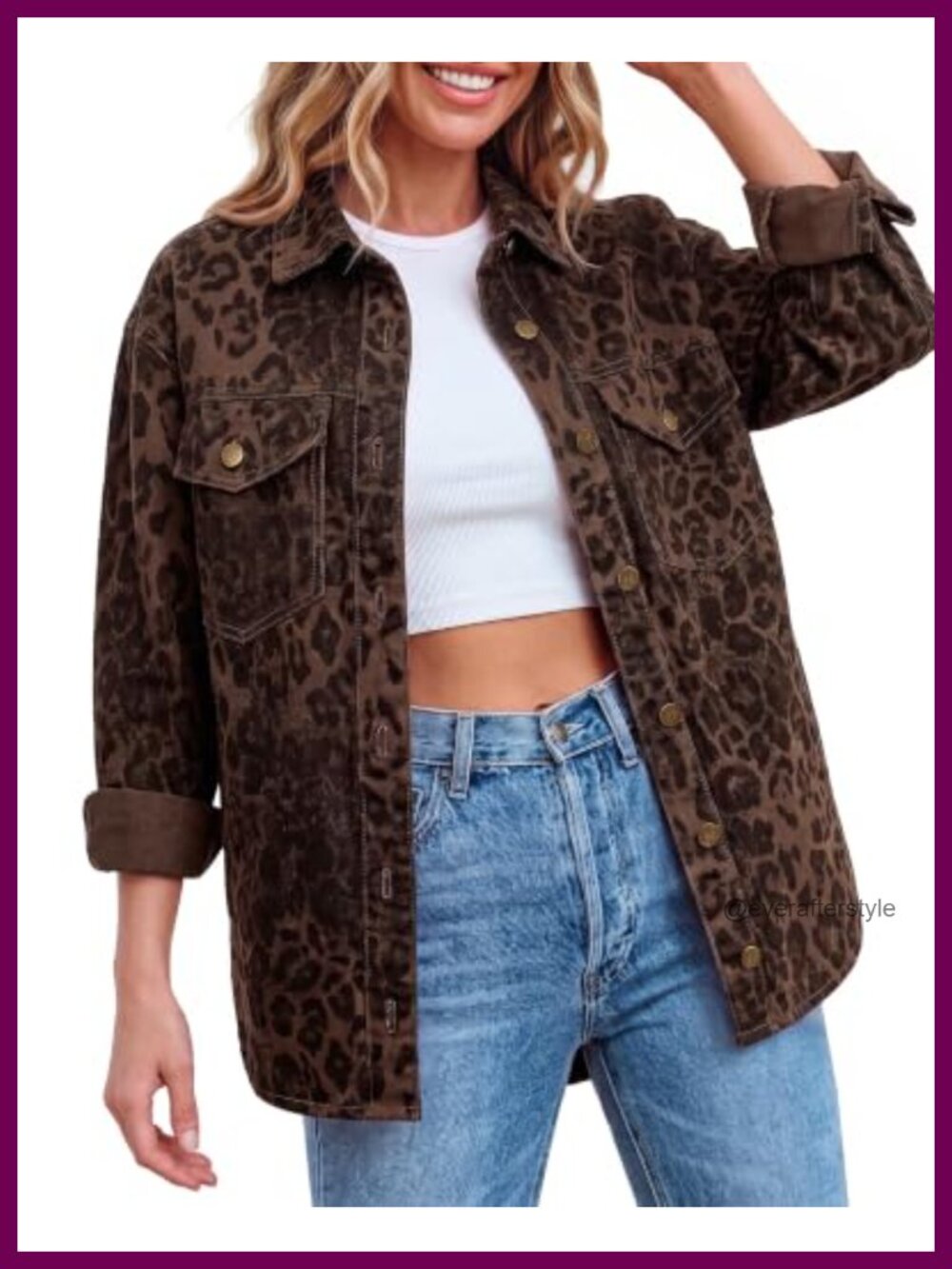 Oversized Leopard Print Denim Jacket Button Down Cotton Shacket